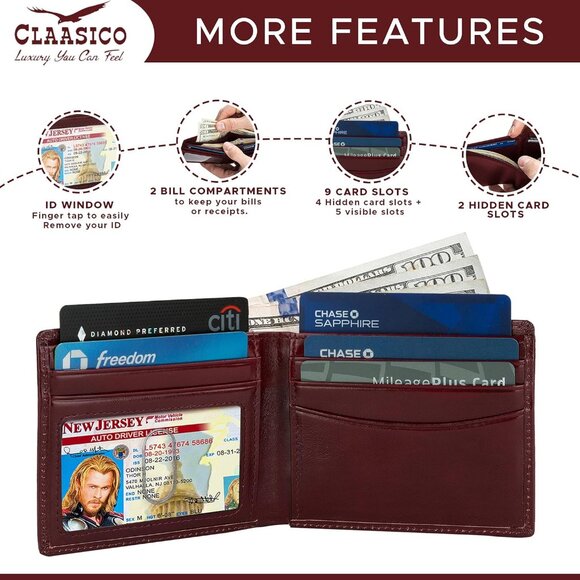 ✨Men Red Leather Slim Bifold RFID Genuine Packed Stylish Gift Vintage Wallet - Picture 2 of 5